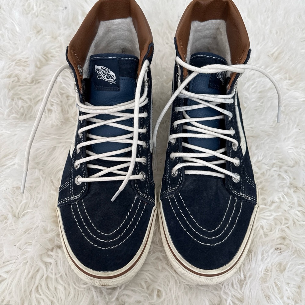 Vans Navy High-Top Sneakers with Brown Collar and White Laces